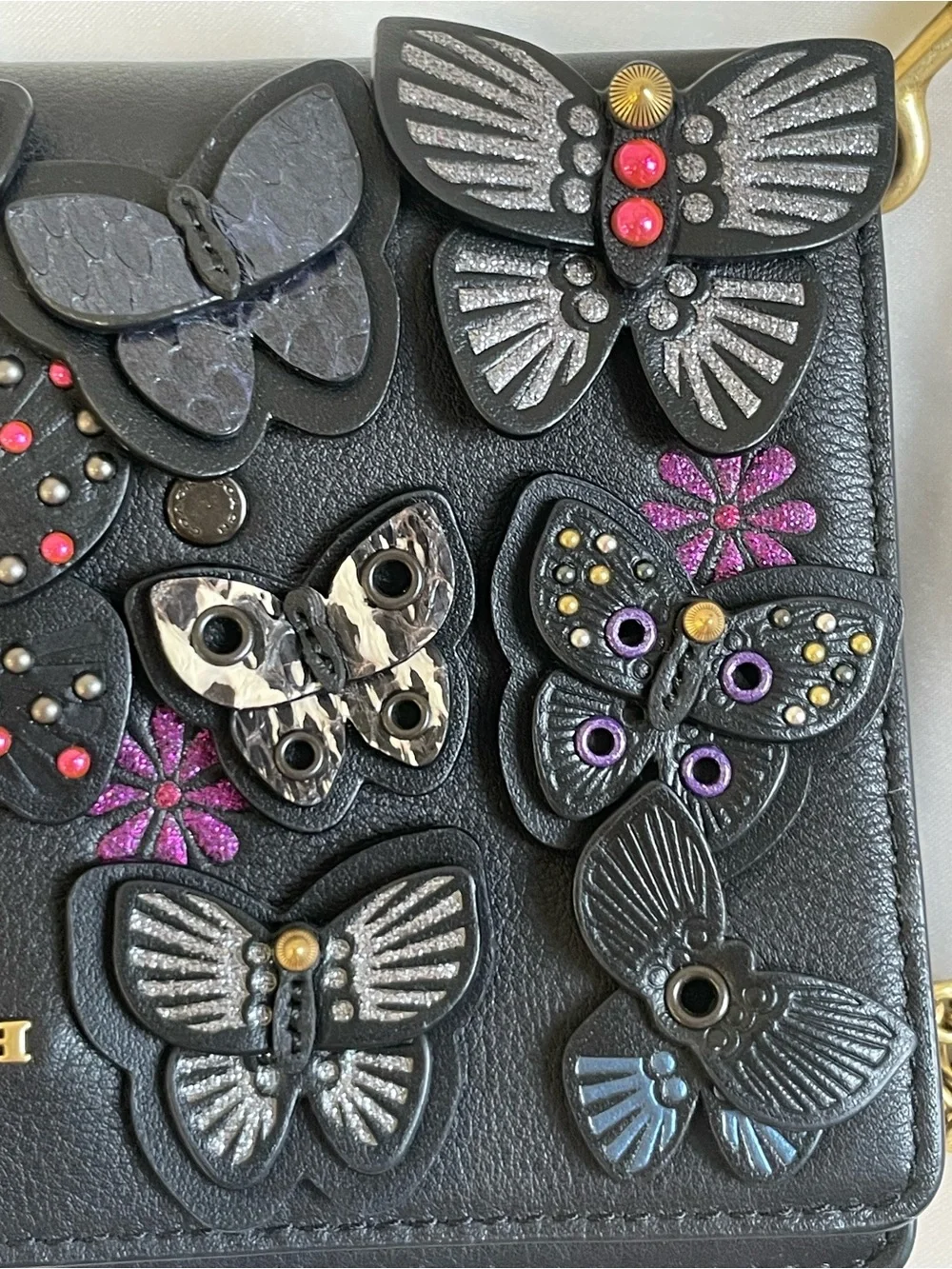 Coach 1941 Callie Foldover Chain Crossbody Bag Butterfly Applique Clutch Black
